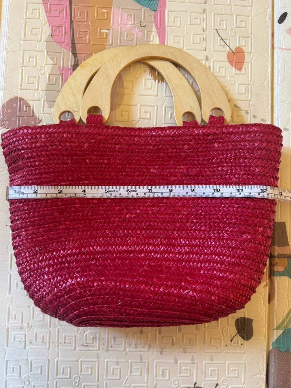 Faded glory Wood-Handle Pink Woven Tote Bag
